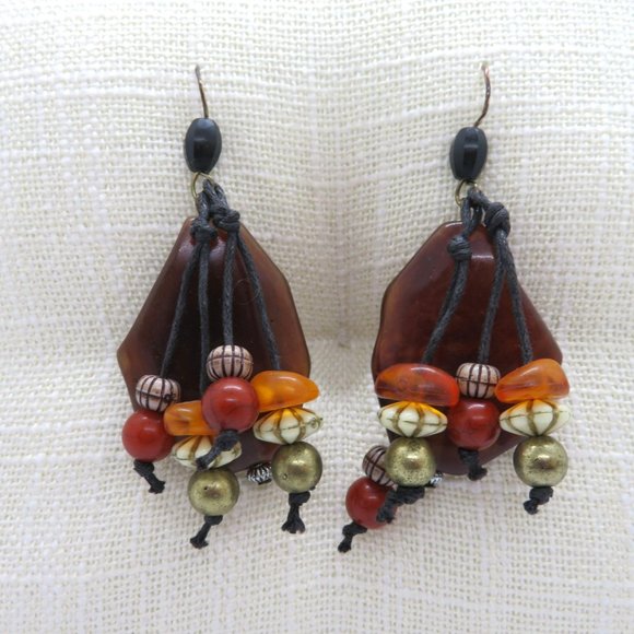 Vintage Artisan Handcrafted Pierced Earrings 2" Dangle Brown White Orange Beads - Picture 9 of 10
